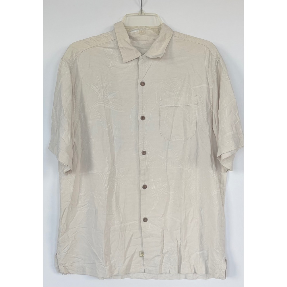 Tommy Bahama Aloha Hawaii Embroidered Silk Blend Shirt Mens XL‎ Beige Tropical
